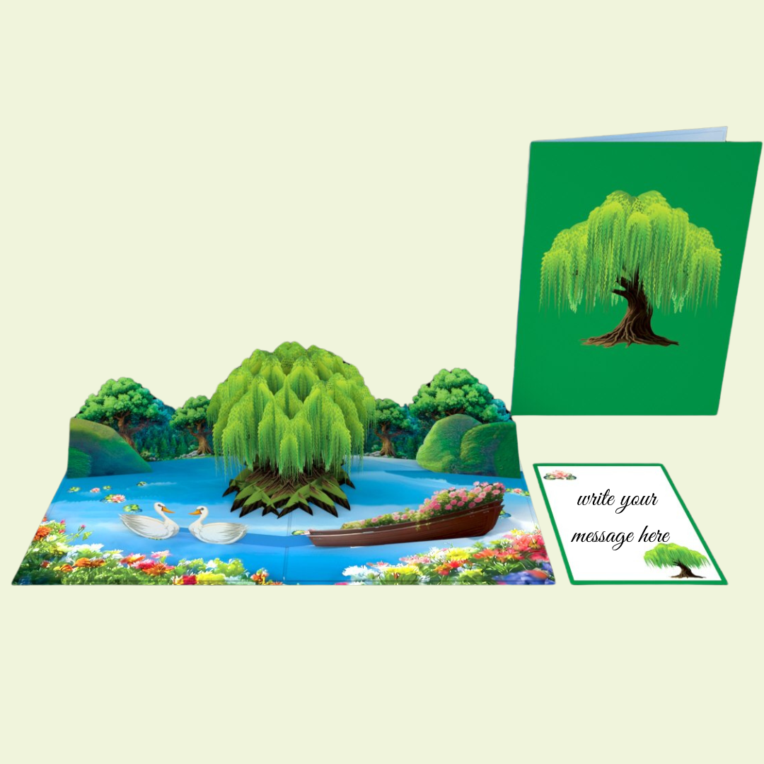Willow tree and Swans Pop up Valentines Day Engagement, Anniversary, Wedding 3D greeting card