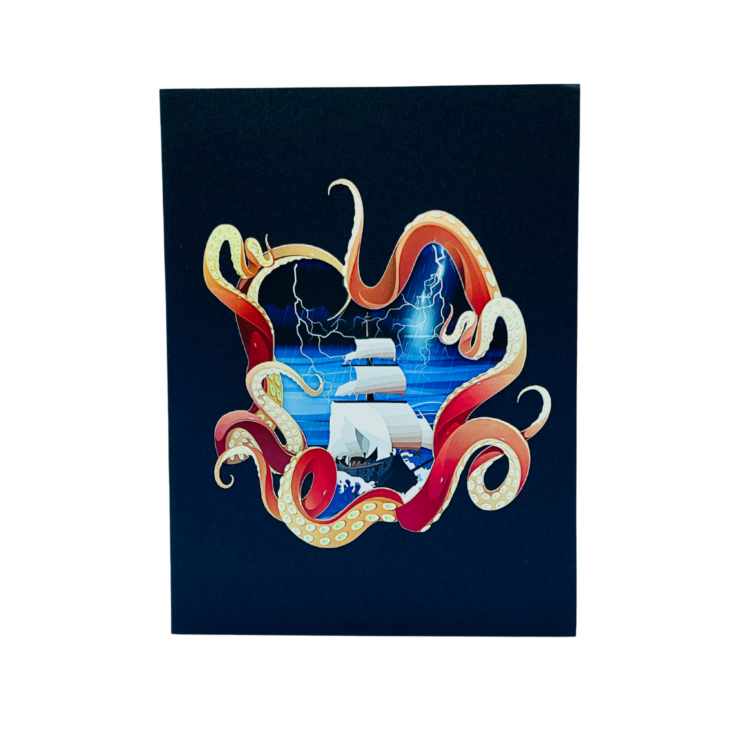 Kraken and pirate ship birthday pop up card for men, father, uncle, brother, Father's day, 3D greeting card for him