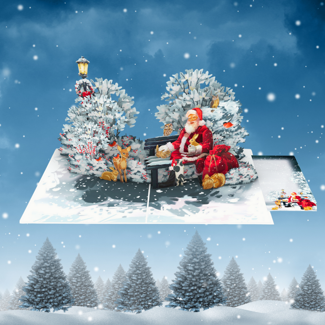 Christmas Santa in forest with wild animal in forest pop up card