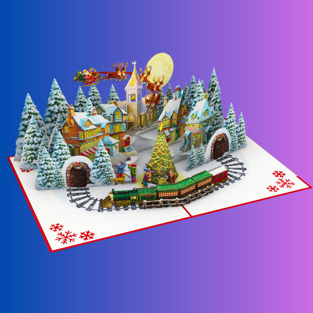 Christmas Village and train, Santa on sleigh and reindeer 3D pop up greeting card