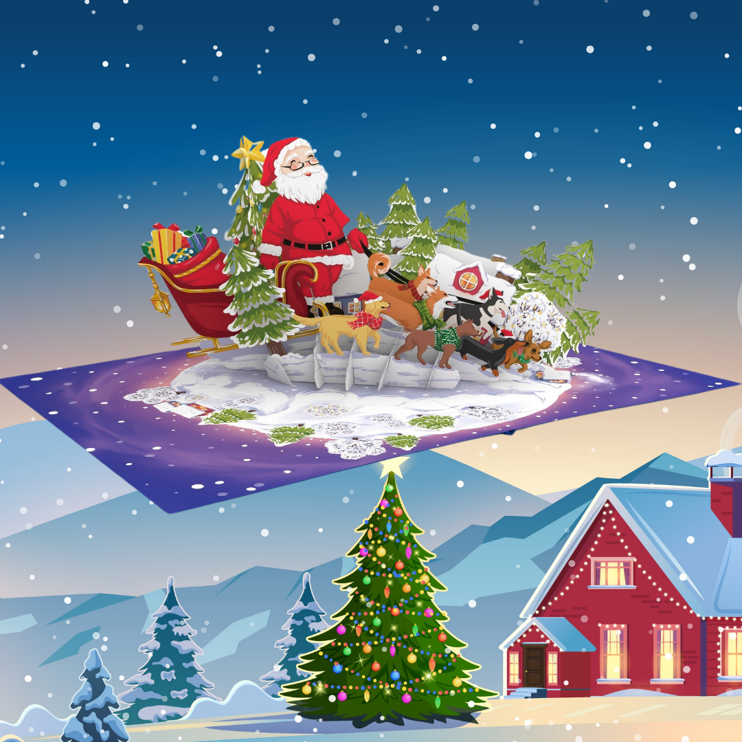 Christmas Santa's dogs walk 3D pop up greeting card