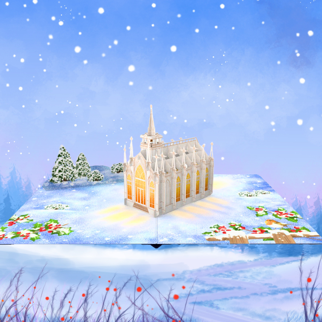 Stained Glass Christmas Chapel 3D pop up greeting card