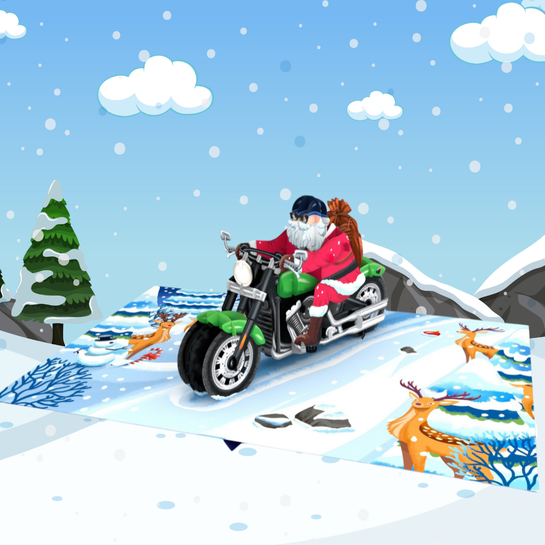 Christmas pop up card - Father Christmas on motorcycle
