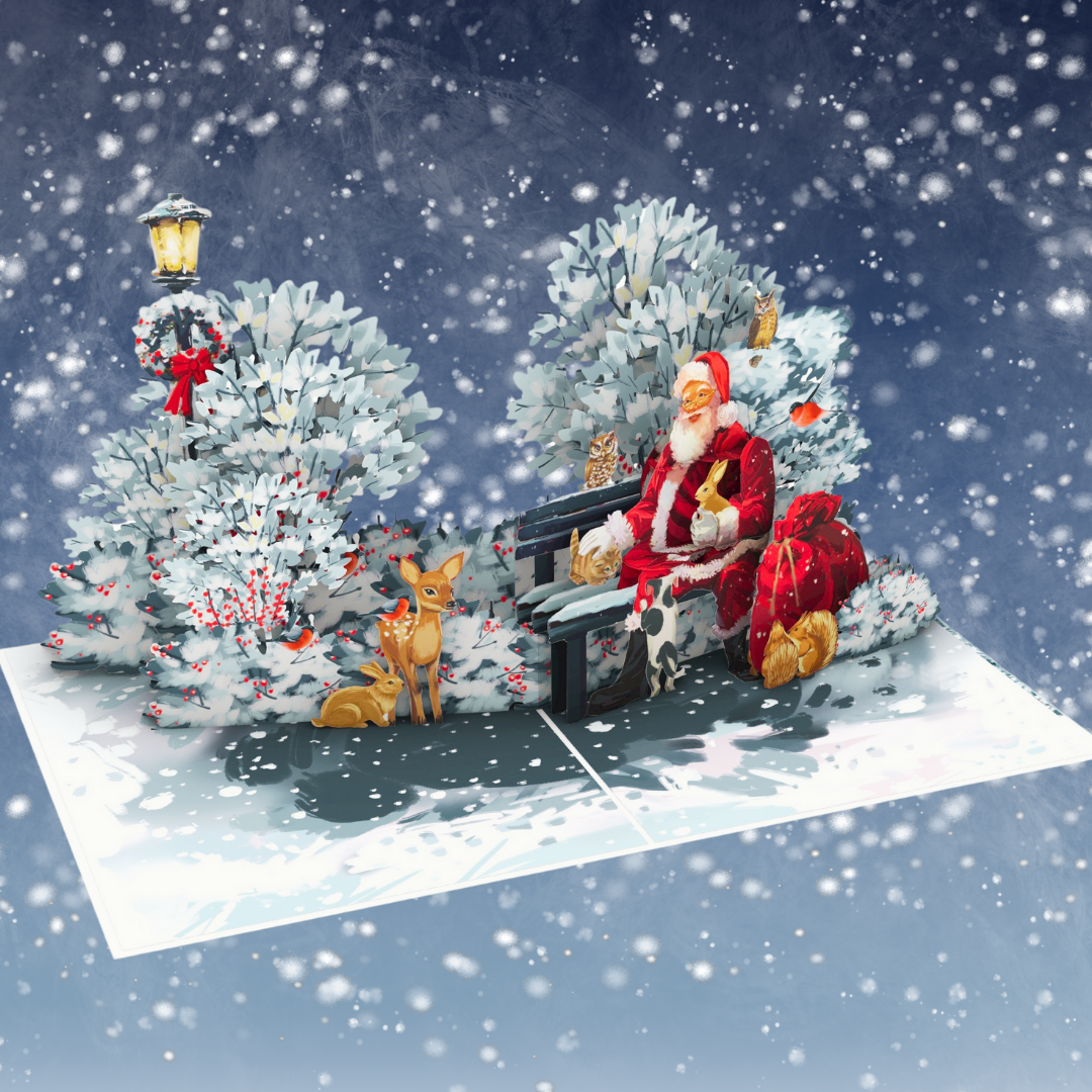 Christmas Santa in forest with wild animal in forest pop up card