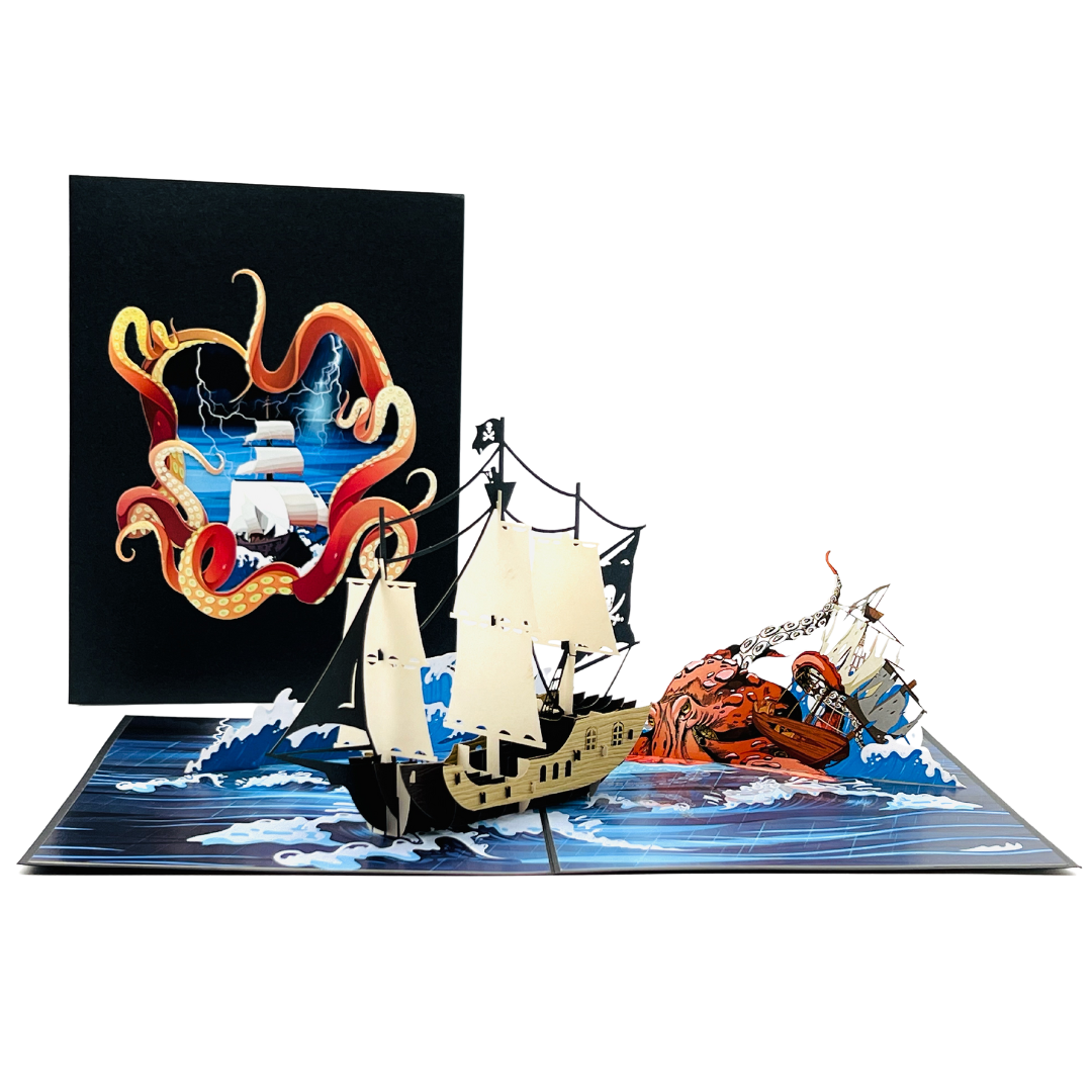Kraken and pirate ship birthday pop up card for men, father, uncle, brother, Father's day, 3D greeting card for him