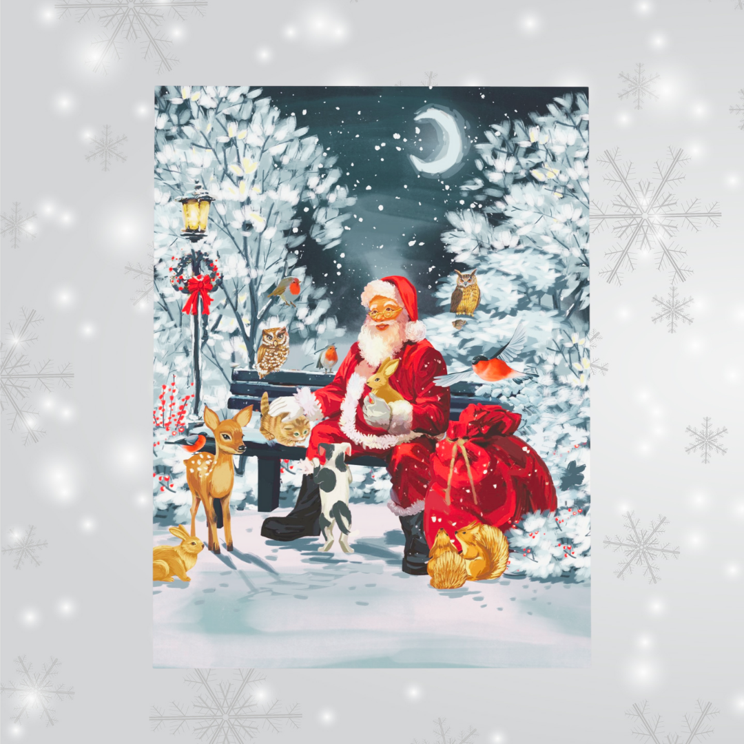 Christmas Santa in forest with wild animal in forest pop up card