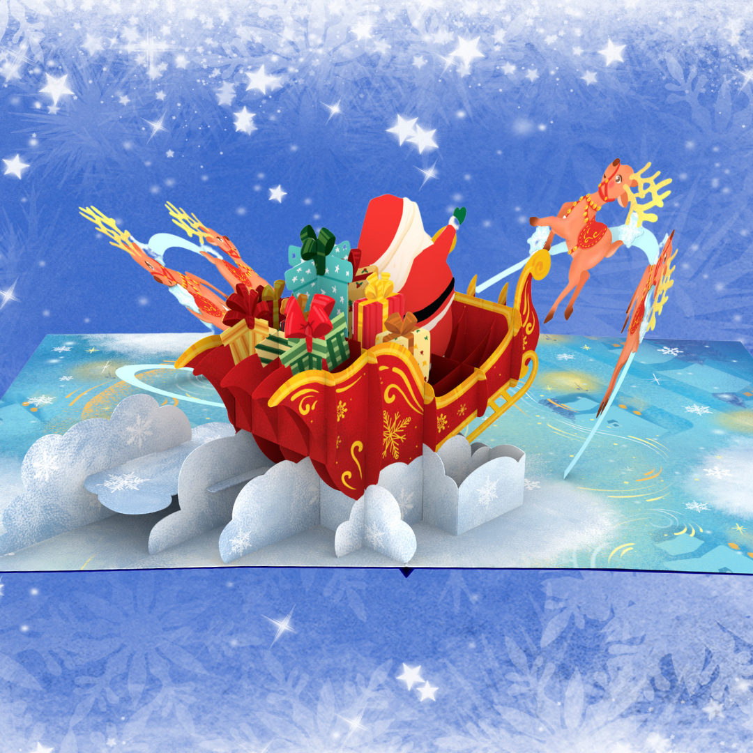 Christmas Santa on sleigh with reindeers 3D pop up greeting card