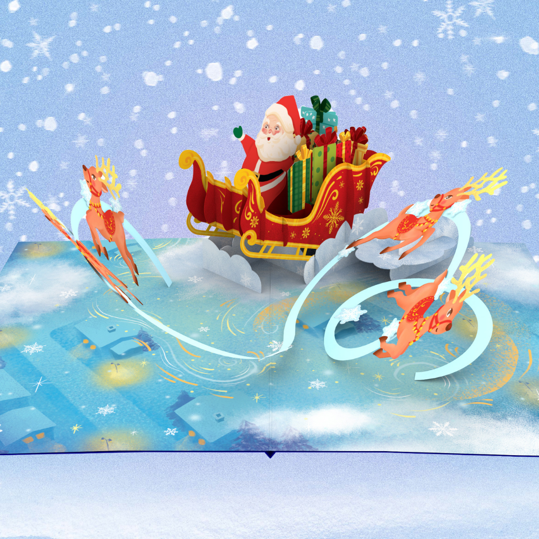 Christmas Santa on sleigh with reindeers 3D pop up greeting card