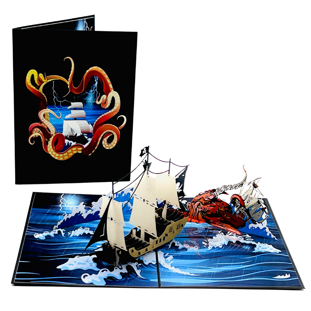 Kraken and pirate ship birthday pop up card for men, father, uncle, brother, Father's day, 3D greeting card for him