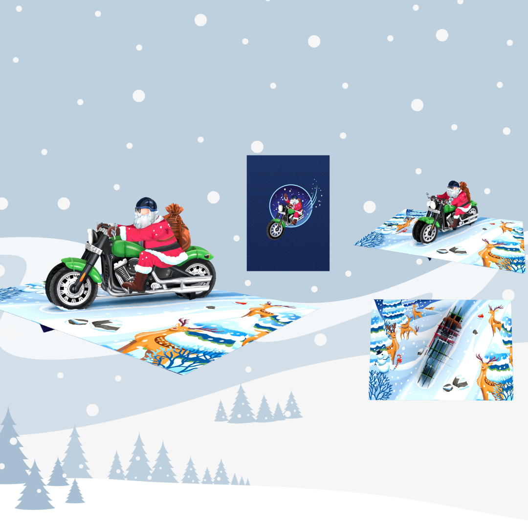 Christmas pop up card - Father Christmas on motorcycle