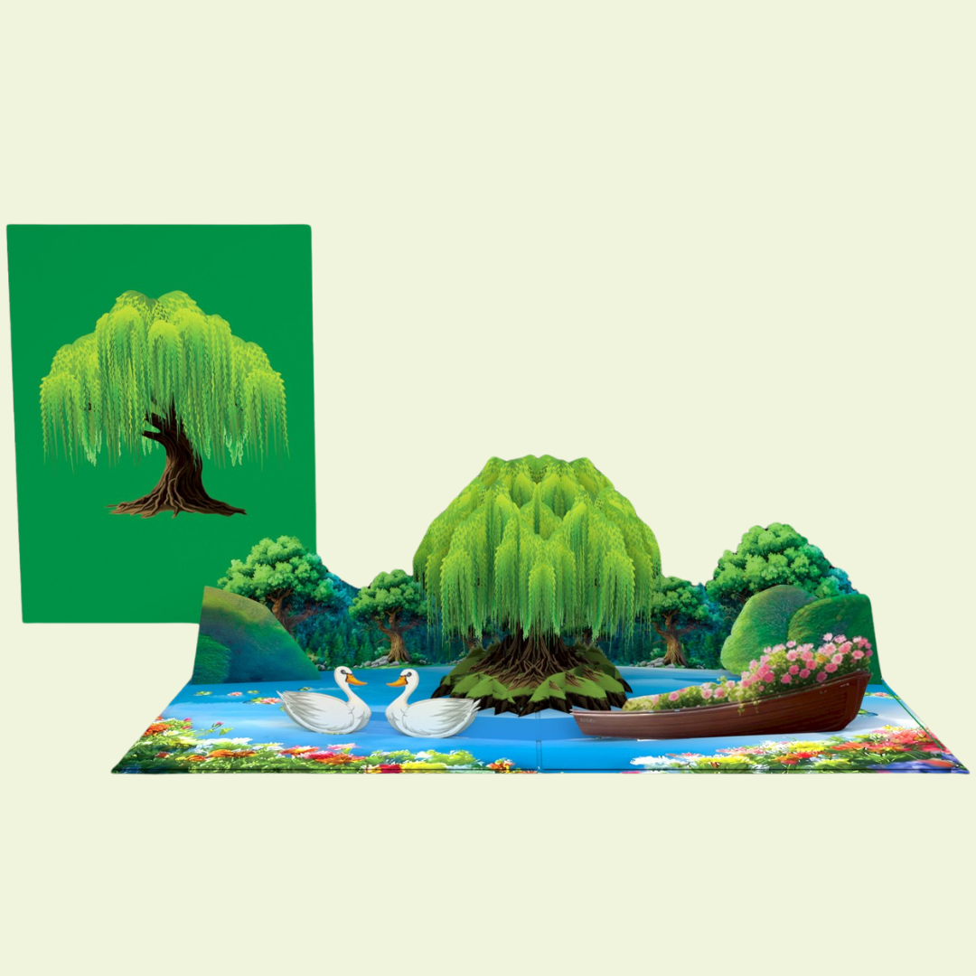 Willow tree and Swans Pop up Valentines Day Engagement, Anniversary, Wedding 3D greeting card