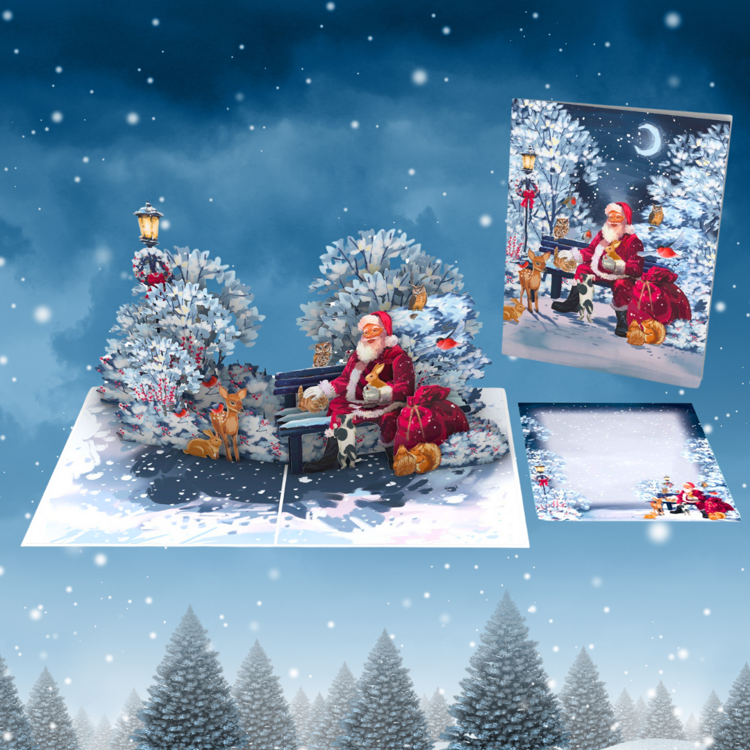 Christmas Santa in forest with wild animal in forest pop up card