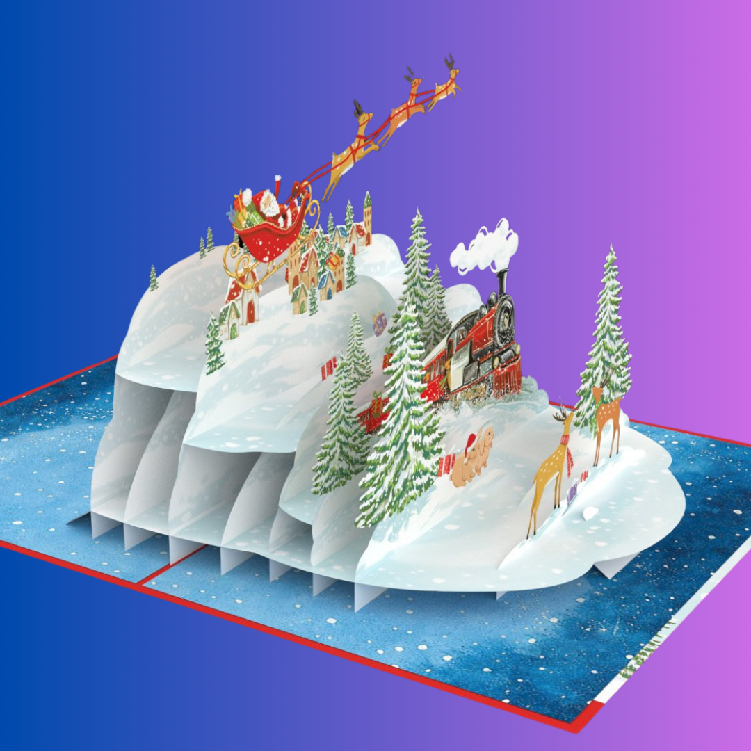 Christmas Train in Forest, Santa on sleigh and reindeer 3D Pop-Up Greeting Card