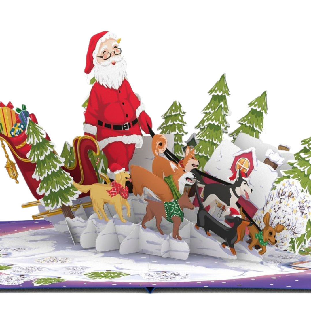 Christmas Santa's dogs walk 3D pop up greeting card
