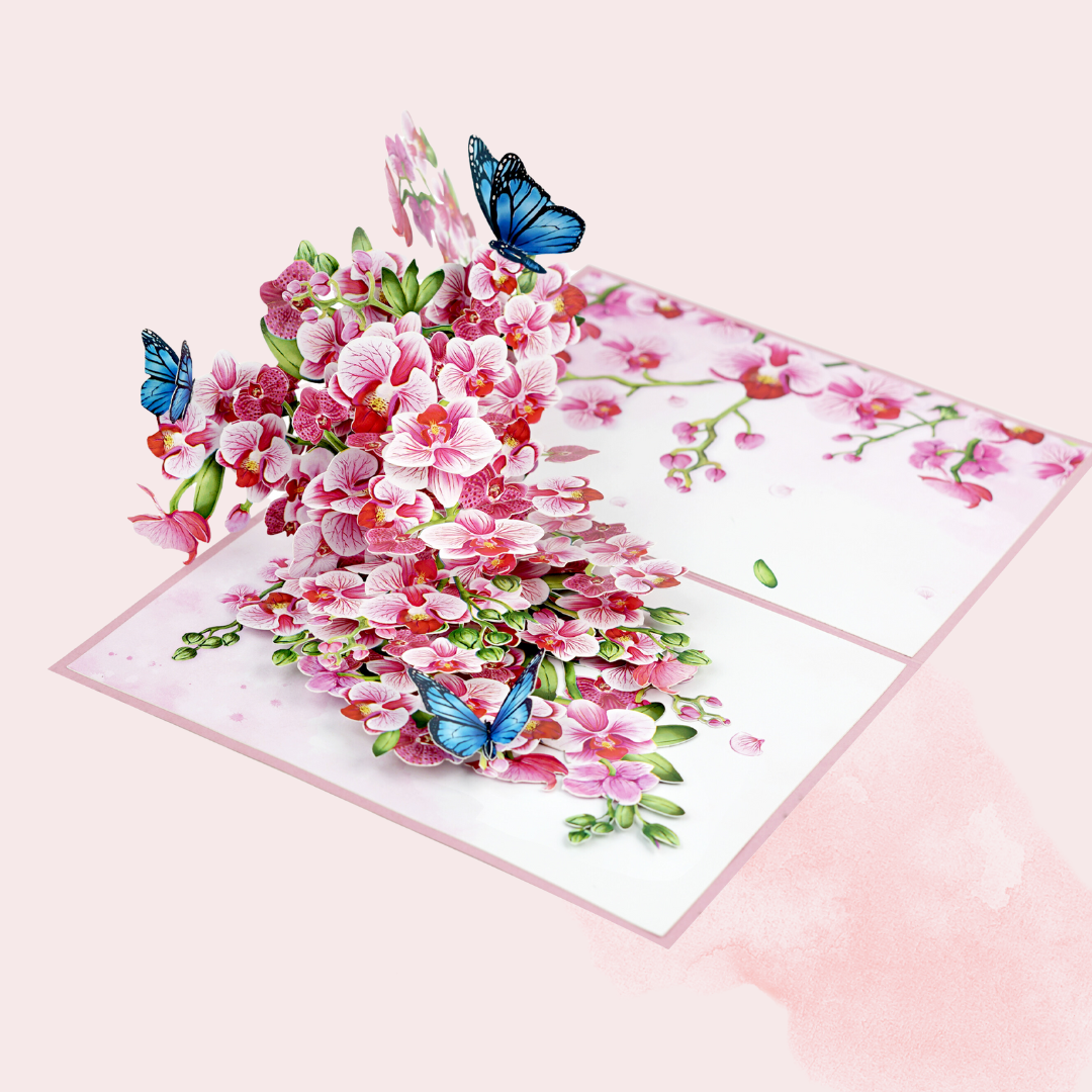 Orchid Blossom and Blue Butterflies Pop-Up Card for her women 3D birthday, thinking of you, get well soon, Mother's day card