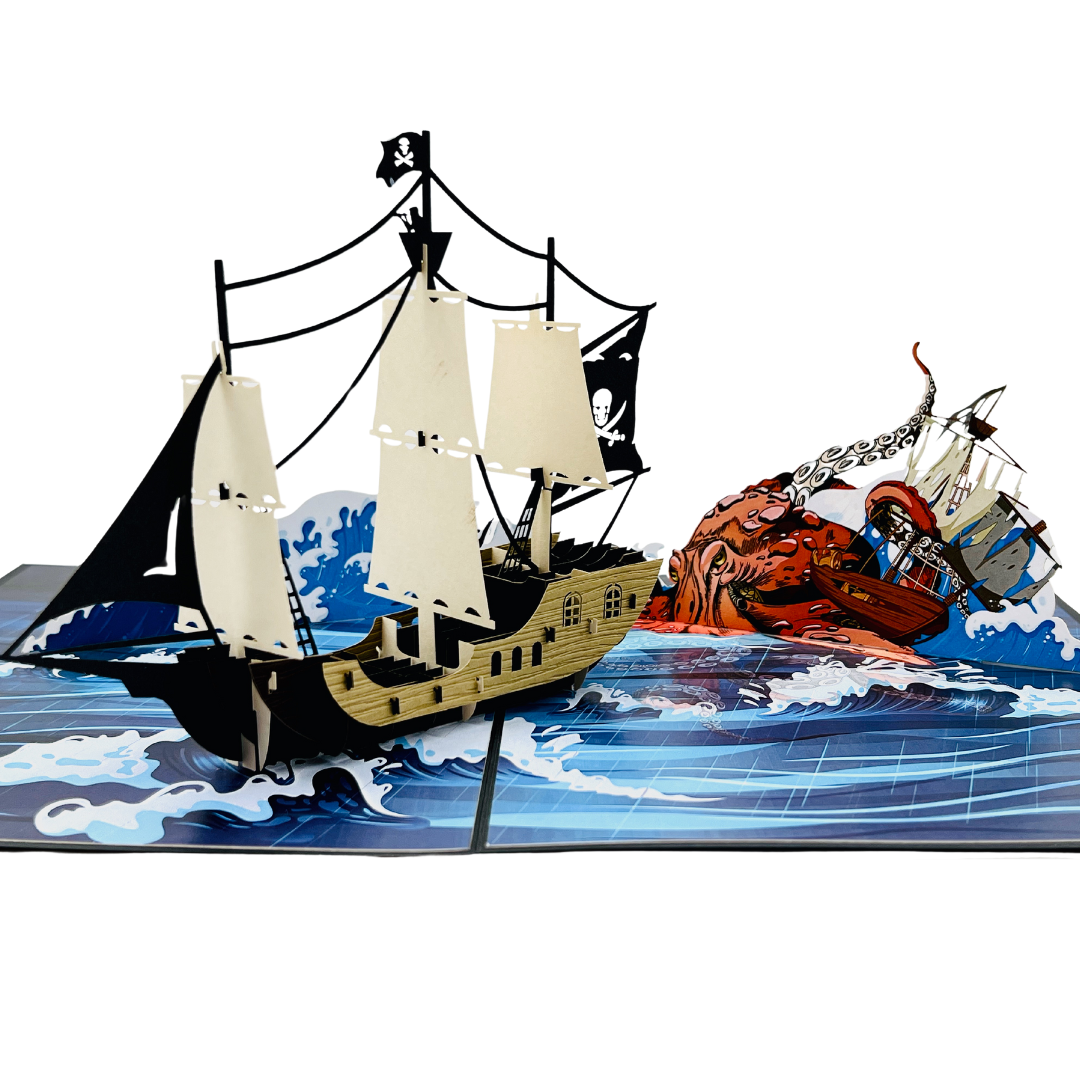 Kraken and pirate ship birthday pop up card for men, father, uncle, brother, Father's day, 3D greeting card for him