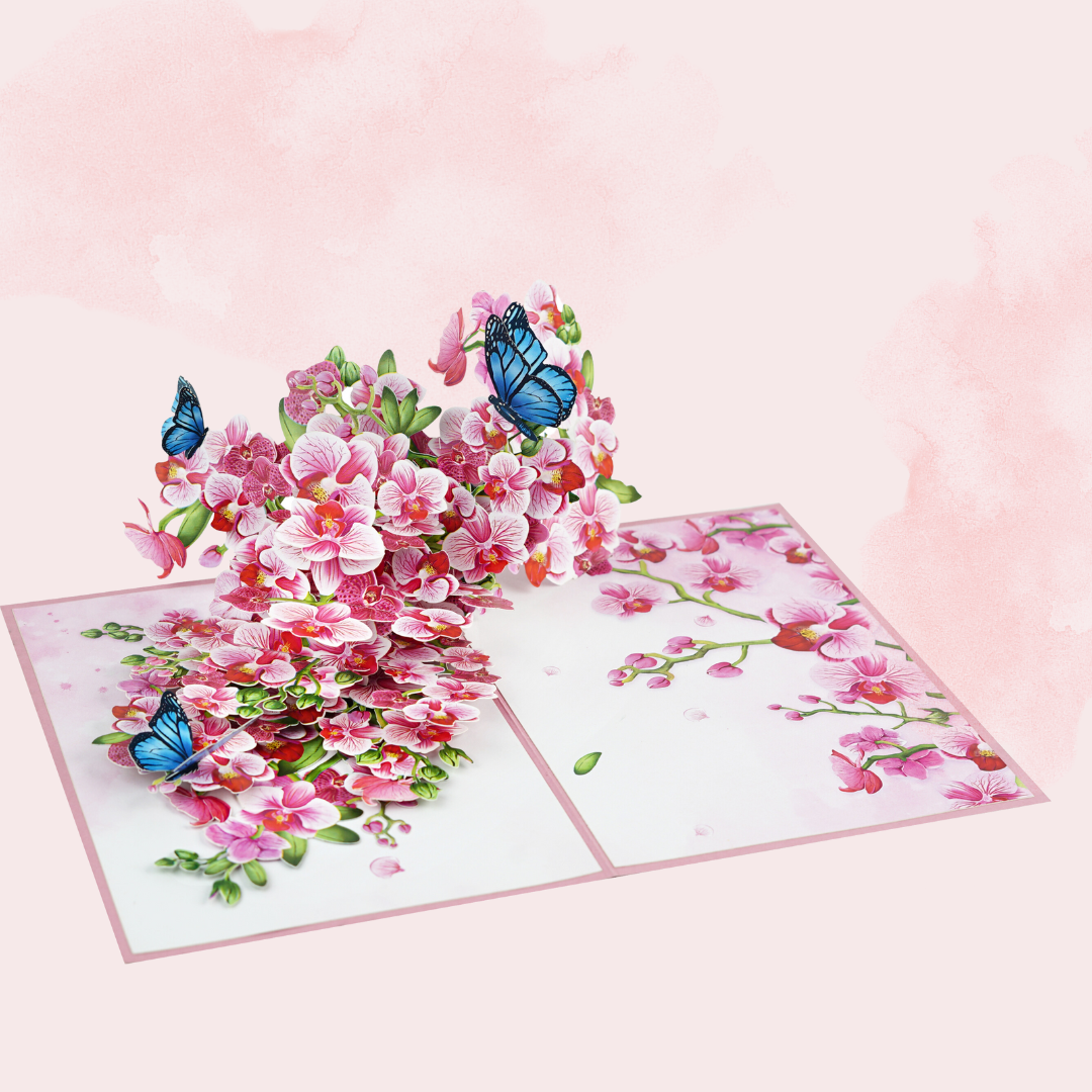 Orchid Blossom and Blue Butterflies Pop-Up Card for her women 3D birthday, thinking of you, get well soon, Mother's day card