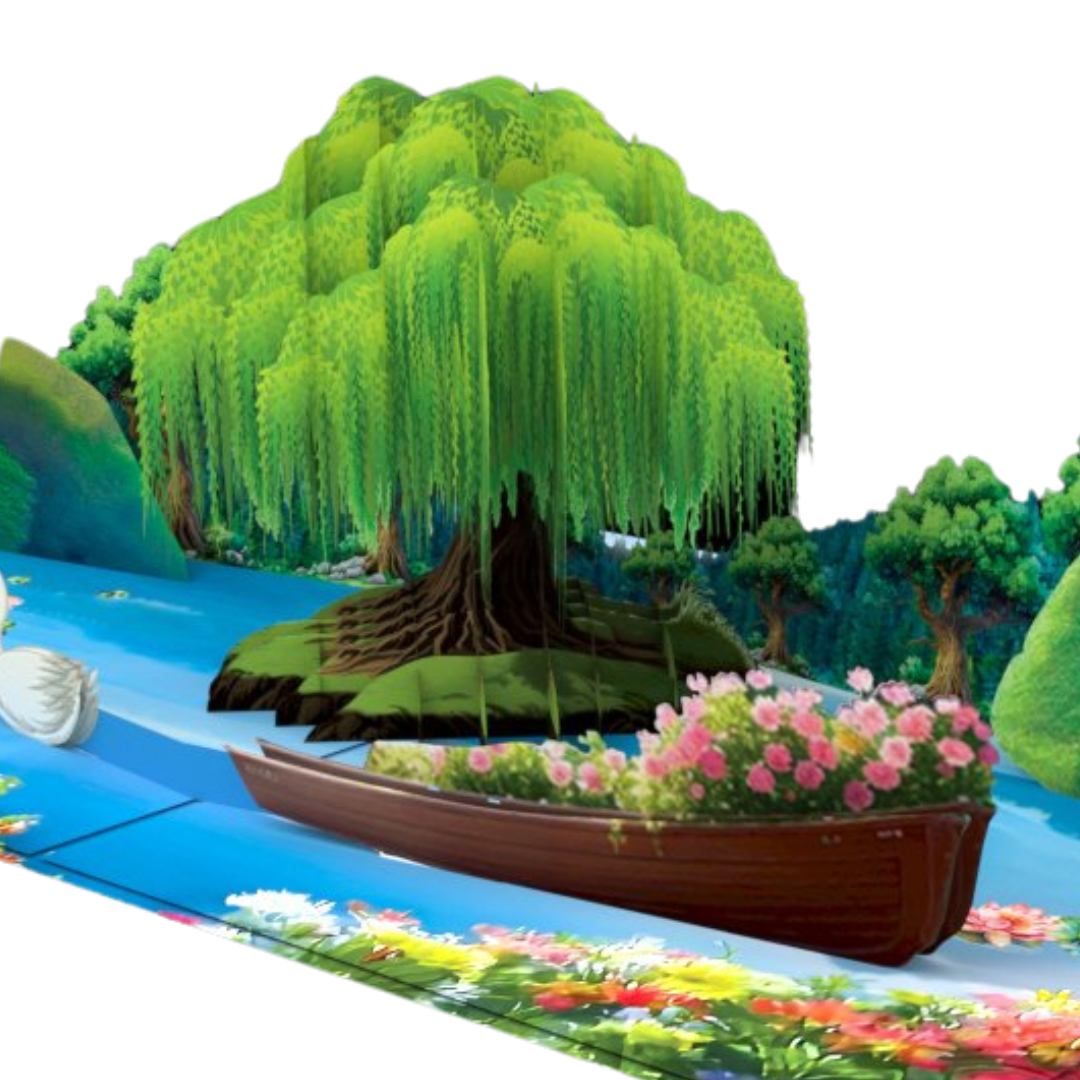 Willow tree and Swans Pop up Valentines Day Engagement, Anniversary, Wedding 3D greeting card