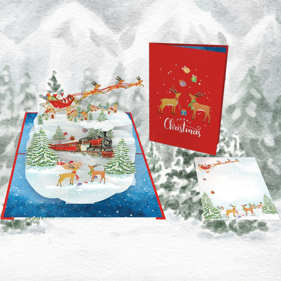 Christmas Train in Forest, Santa on sleigh and reindeer 3D Pop-Up Greeting Card