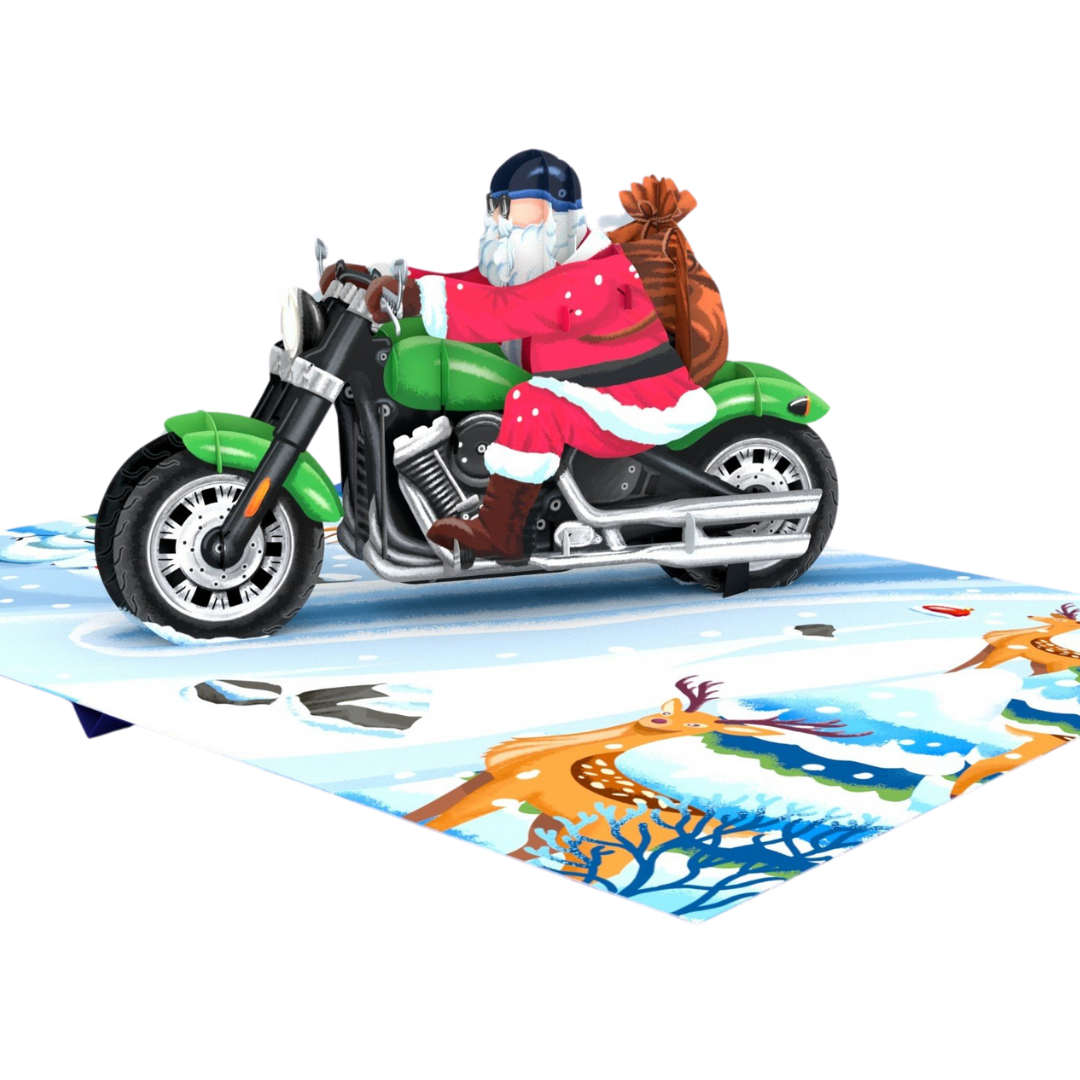 Christmas pop up card - Father Christmas on motorcycle