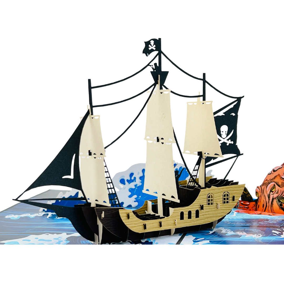 Kraken and pirate ship birthday pop up card for men, father, uncle, brother, Father's day, 3D greeting card for him
