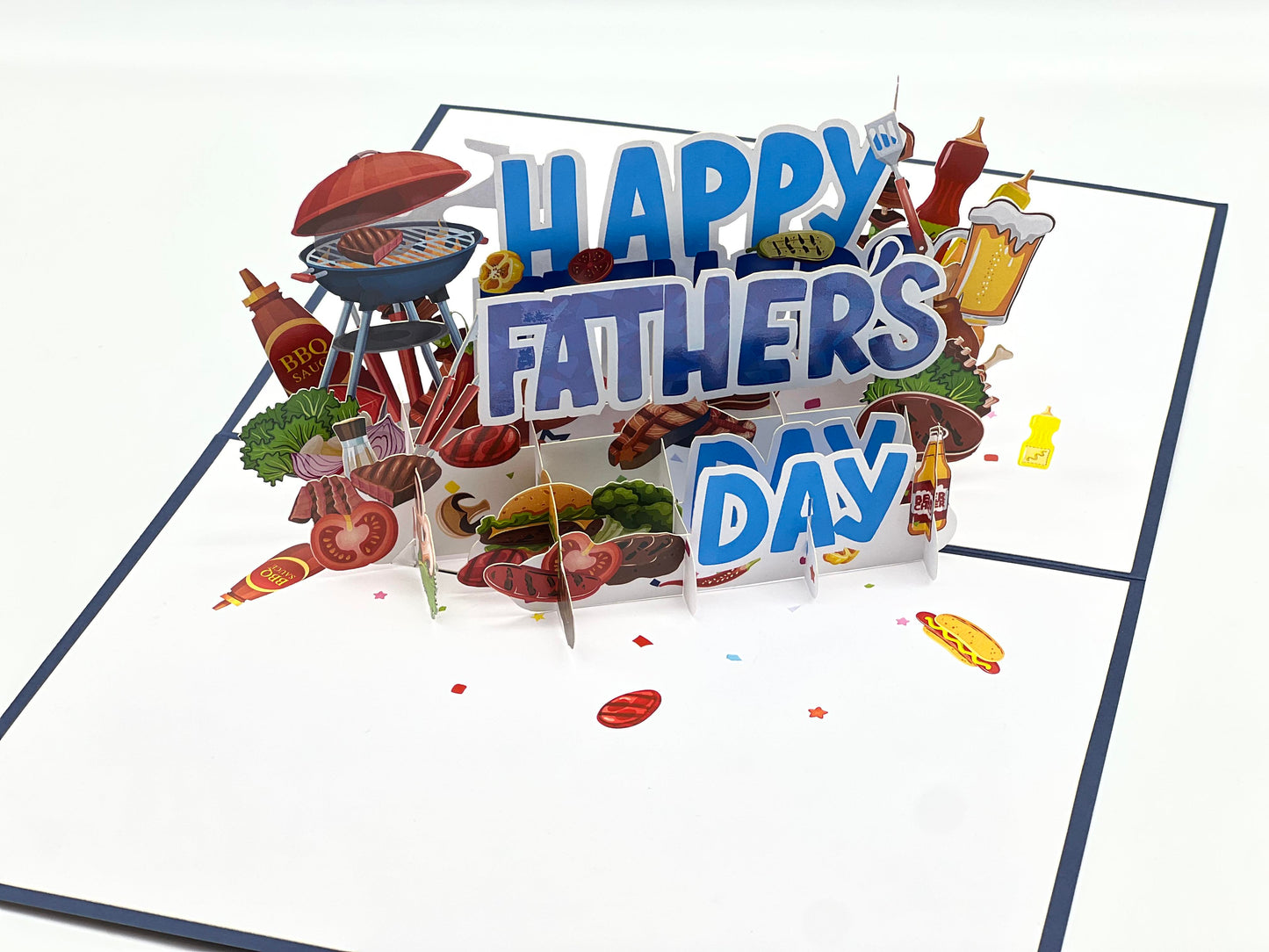 Father's Day BBQ Pop Up Card β 3D Greeting for <strong>Grill Master Dads</strong>, Featuring Barbecue, Burger, Steak, Skewers, Beer - A Must-Have for Dads Who Adore BBQ