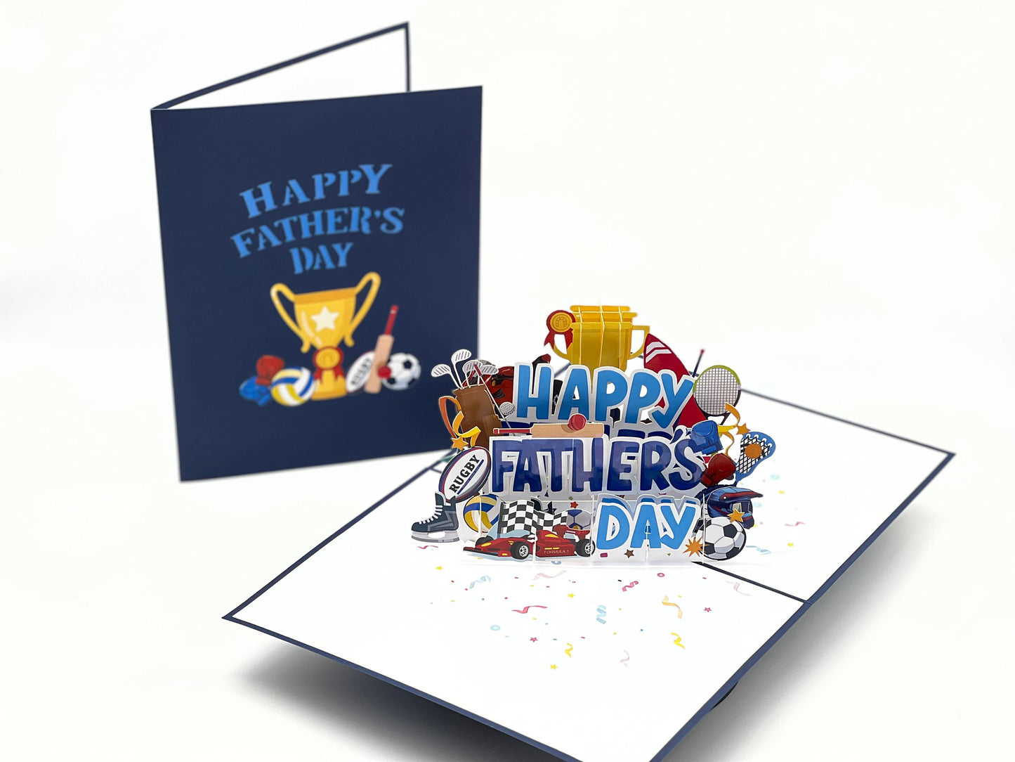 Father's Day Pop Up Card β A Celebration of British Sports for Sports Loving Dads, Featuring Football, Rugby, Cricket, Boxing, Formula 1, Tennis, Motorcycle Racing, and Trophy