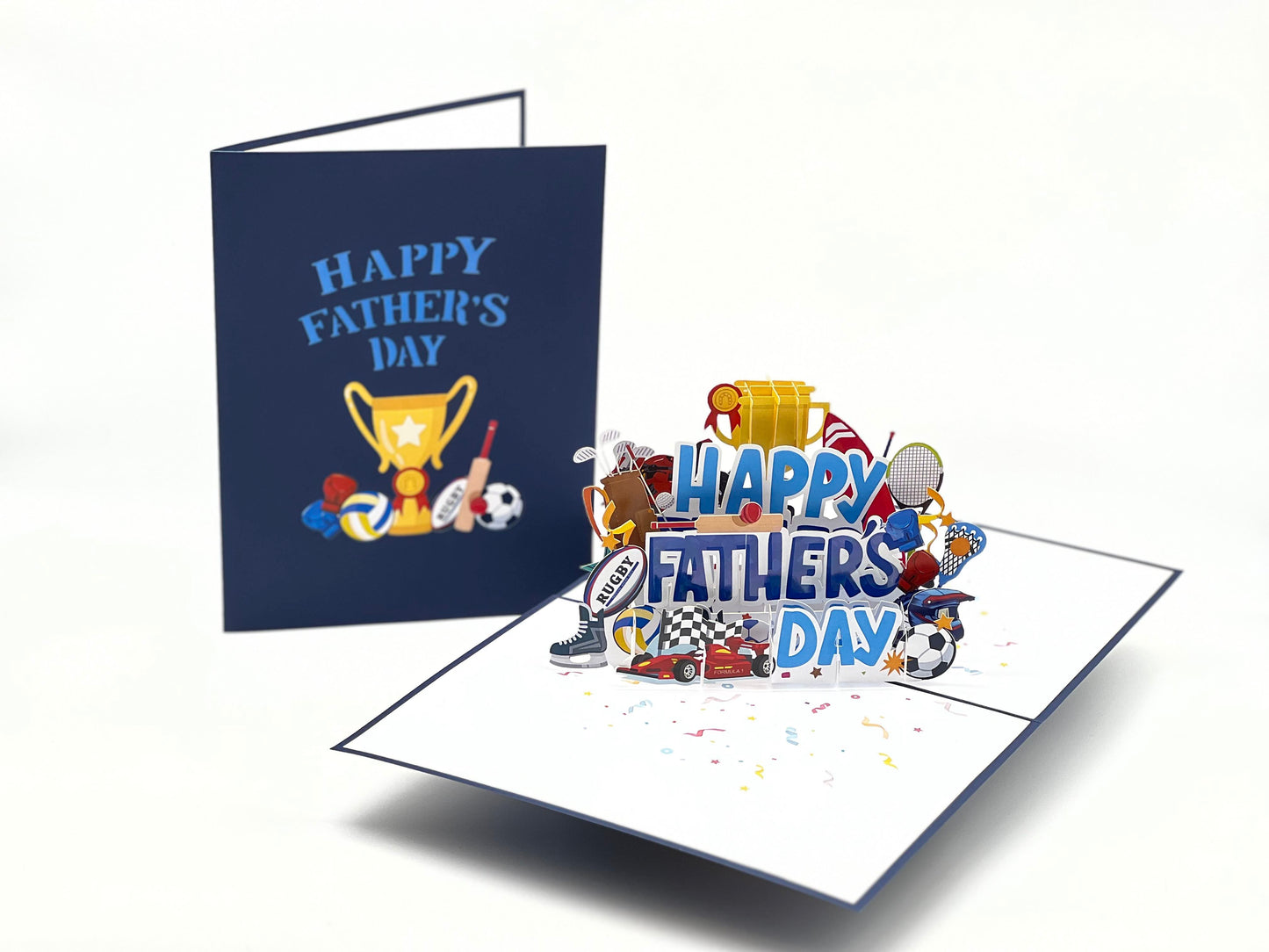 Father's Day Pop Up Card β A Celebration of British Sports for Sports Loving Dads, Featuring Football, Rugby, Cricket, Boxing, Formula 1, Tennis, Motorcycle Racing, and Trophy
