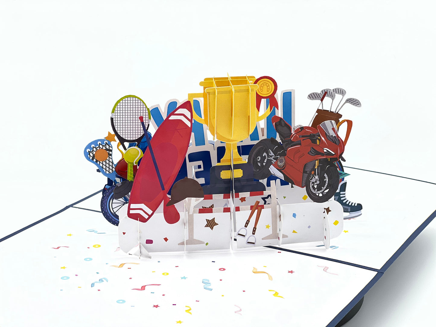 Father's Day Pop Up Card β A Celebration of British Sports for Sports Loving Dads, Featuring Football, Rugby, Cricket, Boxing, Formula 1, Tennis, Motorcycle Racing, and Trophy