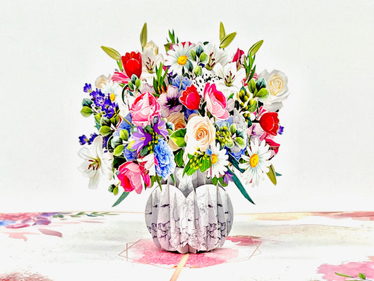 Gorgeous mixed flower pop up card for anniversaries and Valentine's Day.