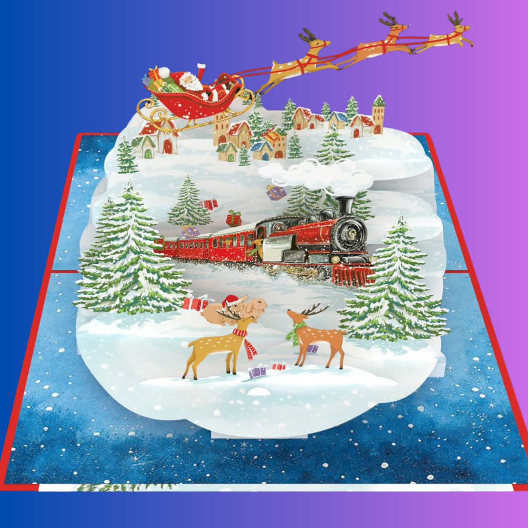 Christmas Train in Forest, Santa on sleigh and reindeer 3D Pop-Up Greeting Card