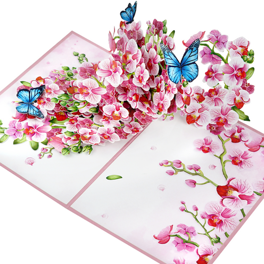 Orchid Blossom and Blue Butterflies Pop-Up Card for her women 3D birthday, thinking of you, get well soon, Mother's day card