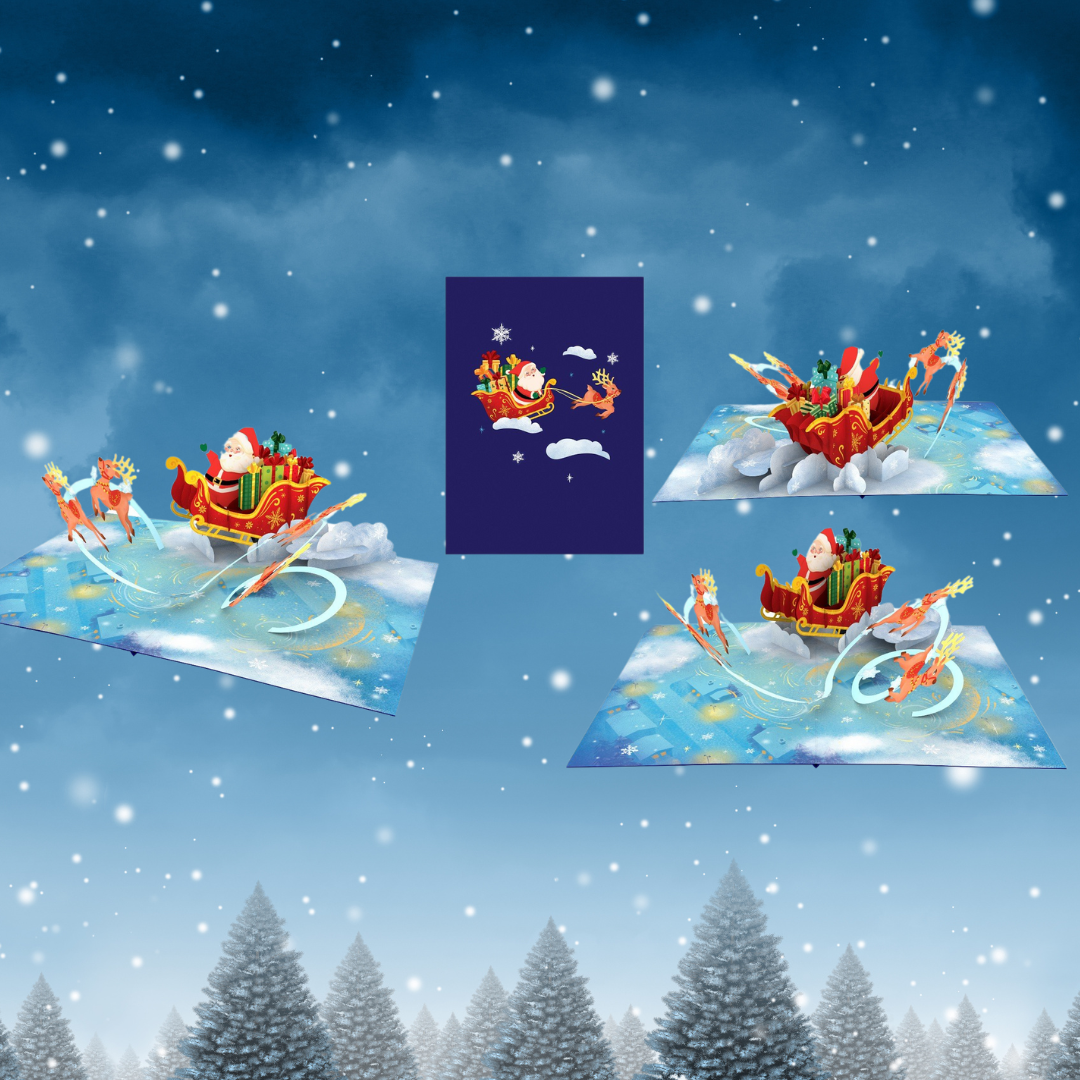 Christmas Santa on sleigh with reindeers 3D pop up greeting card