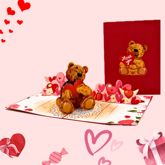 Love Bear pop up card Cuddly Love - Teddy Bear and Hearts 3D Pop-Up Card