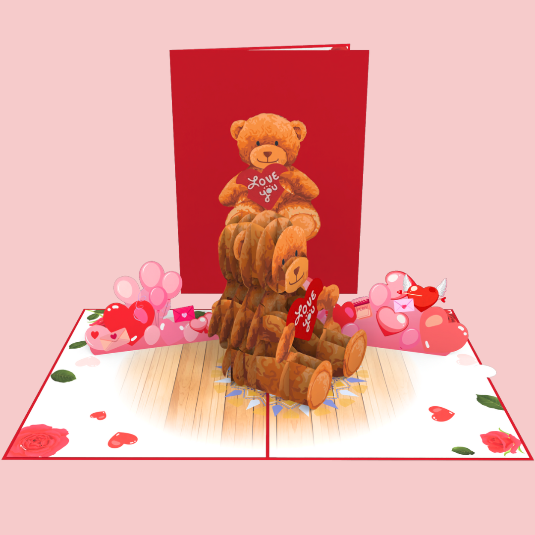 Love Bear pop up card Cuddly Love - Teddy Bear and Hearts 3D Pop-Up Card Valentines Day Anniversary Wedding Engagement greeting card