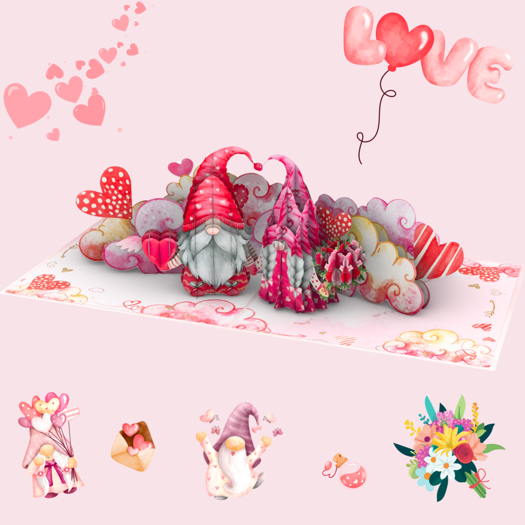 Enchanted Love Gnomes Pop Up 3D Valentines Day Anniversary Engagement Wedding Greeting Card