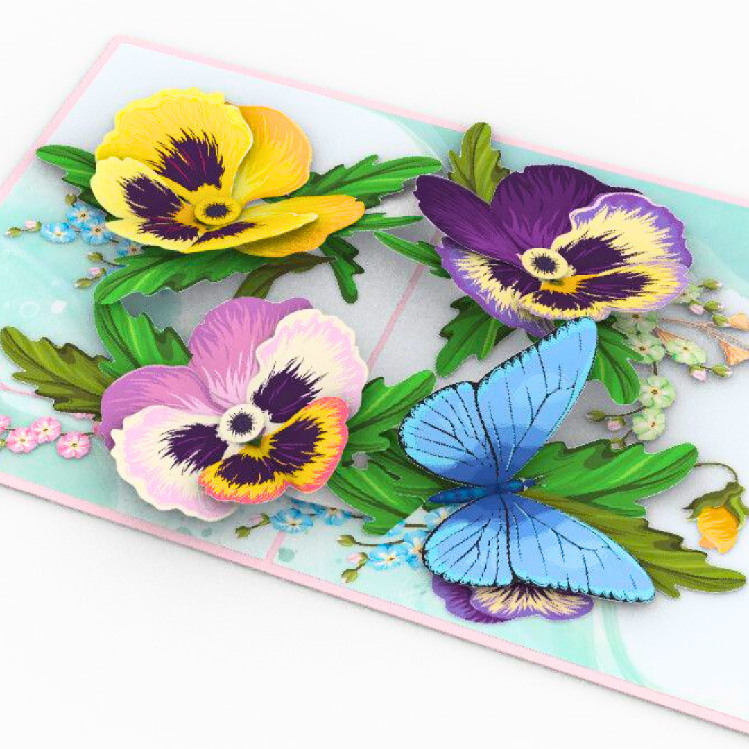 Pansy and butterfly pop up card, Mother's day 3D greeting card, Birthday, Get well soon