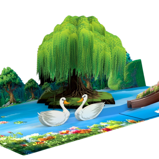 Willow tree and Swans Pop up Valentines Day Engagement, Anniversary, Wedding 3D greeting card