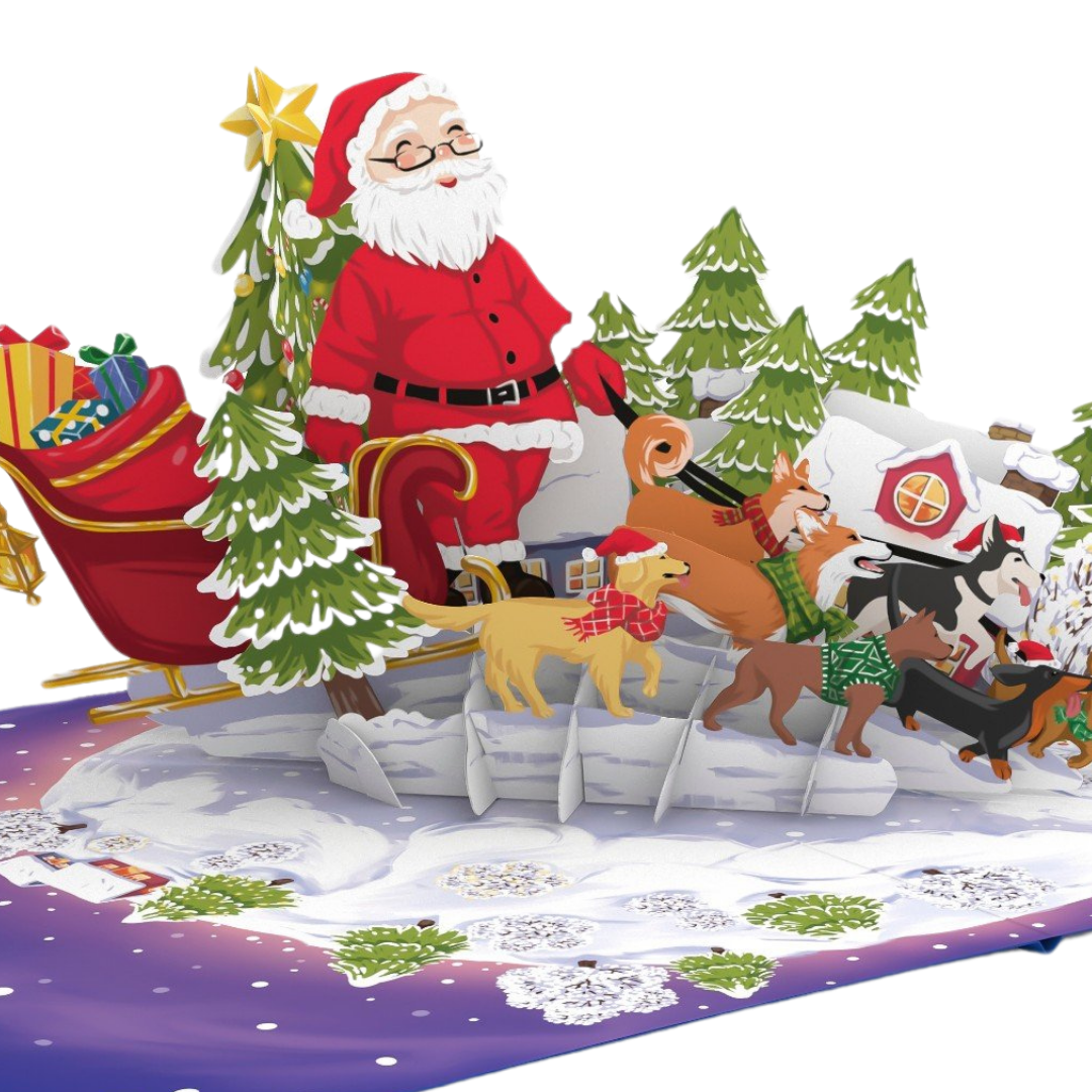 Christmas Santa's dogs walk 3D pop up greeting card