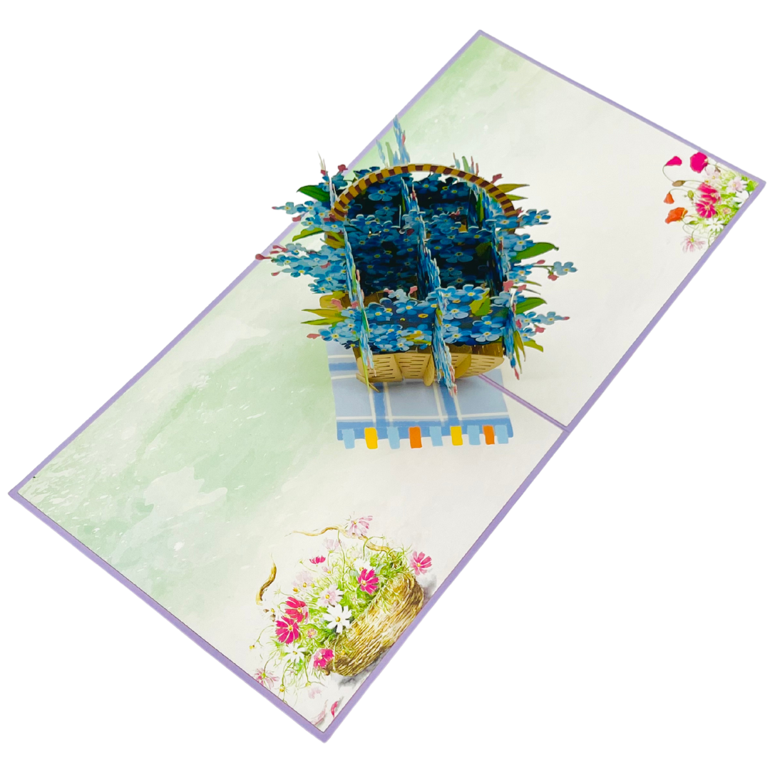 Blue forget me nots basket pop up card, Flowers Mothers Day pop up card, 3D flower cards for any occasions