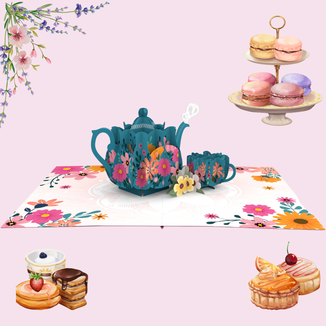 Elegant Tea Time Celebration pop up Mother's day 3D birthday, thinking of you, get well soon card