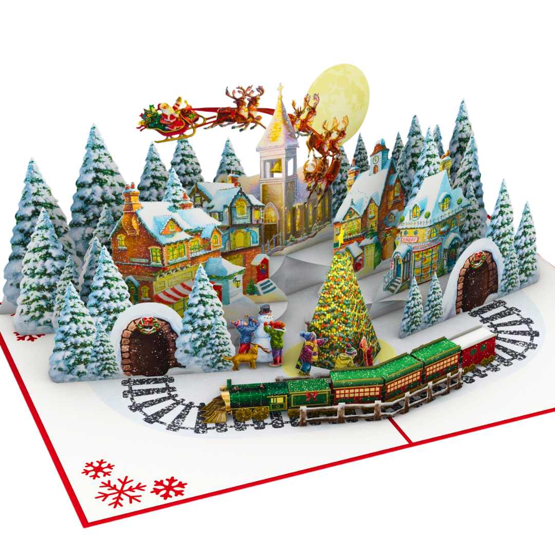 Christmas Village and train, Santa on sleigh and reindeer 3D pop up greeting card