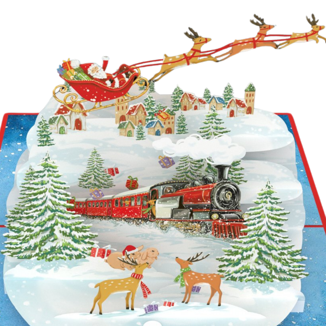 Christmas Train in Forest, Santa on sleigh and reindeer 3D Pop-Up Greeting Card