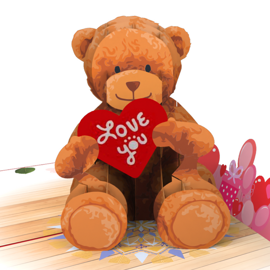 Love Bear pop up card Cuddly Love - Teddy Bear and Hearts 3D Pop-Up Card Valentines Day Anniversary Wedding Engagement greeting card