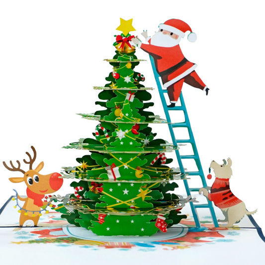 Christmas Santa Decorating Christmas Tree 3D Pop-Up Greeting Card