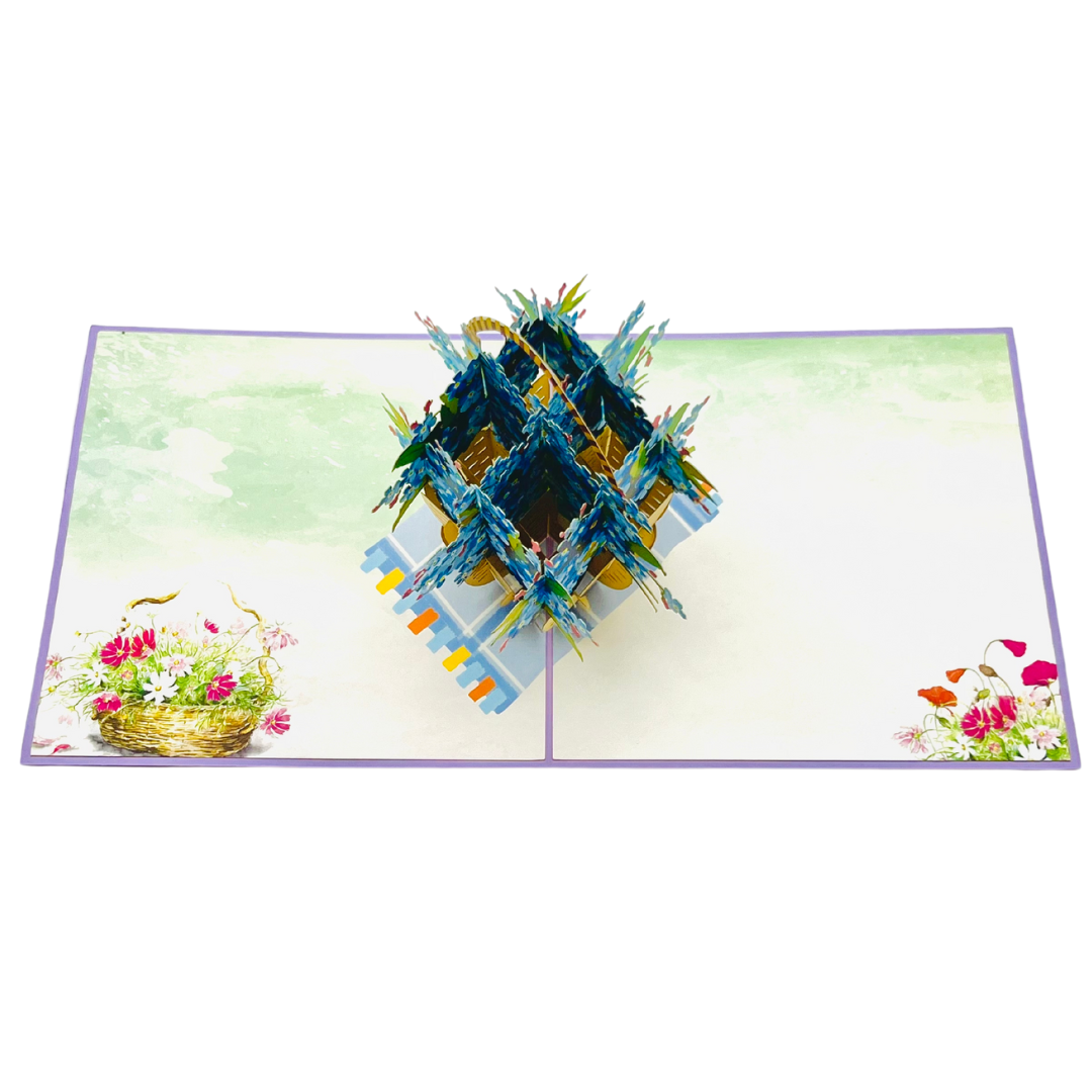 Blue forget me nots basket pop up card, Flowers Mothers Day pop up card, 3D flower cards for any occasions