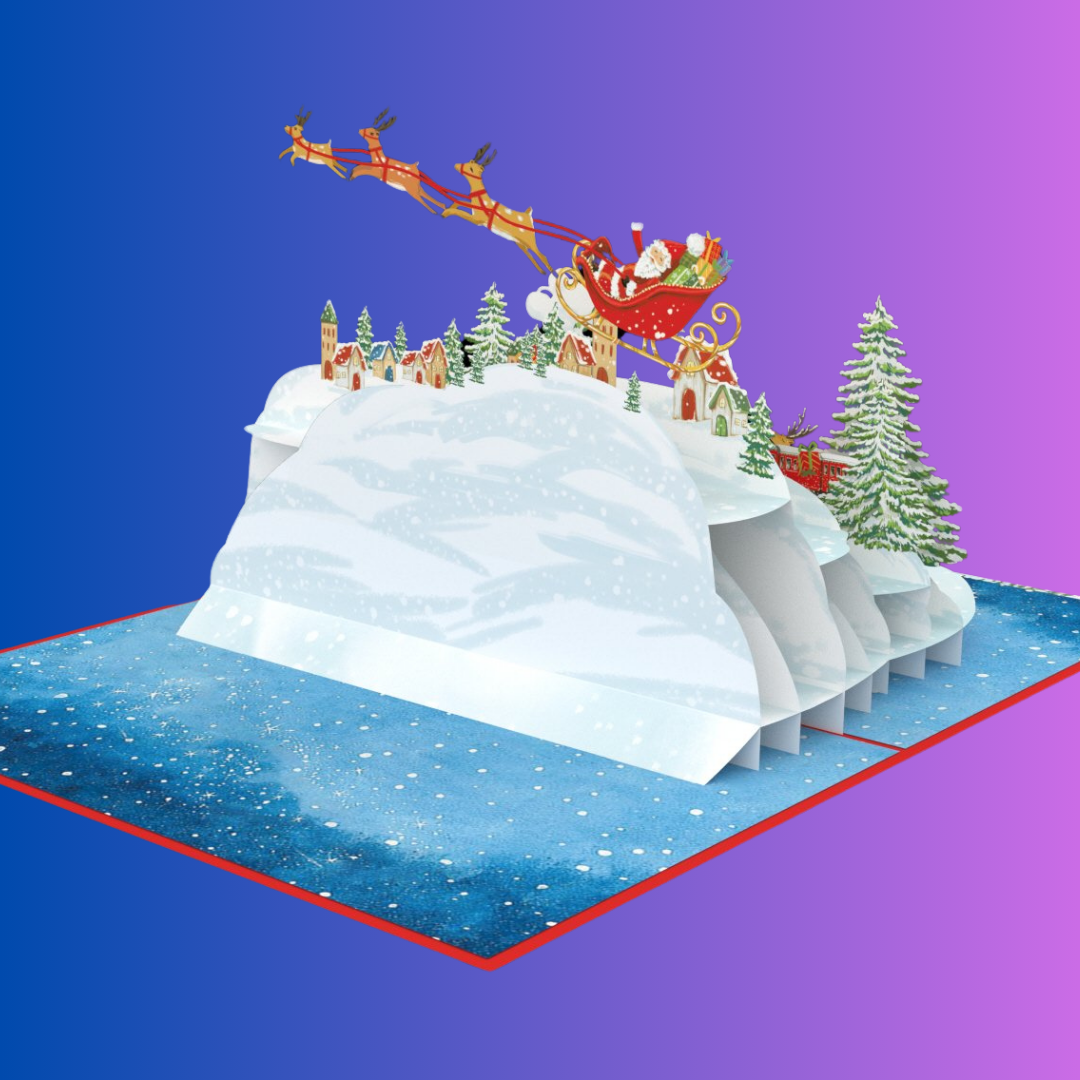 Christmas Train in Forest, Santa on sleigh and reindeer 3D Pop-Up Greeting Card