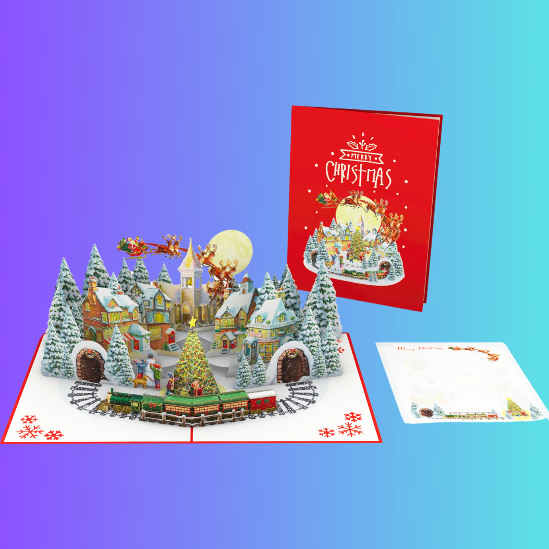 Christmas Village and train, Santa on sleigh and reindeer 3D pop up greeting card