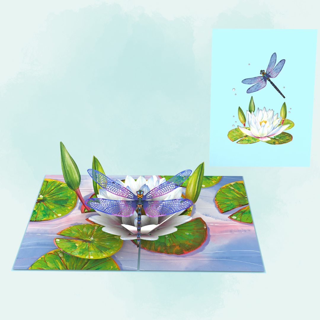 Dragonfly & Water Lily 3D birthday pop up card, Mother's Day card, Thinking of you, Get well soon card