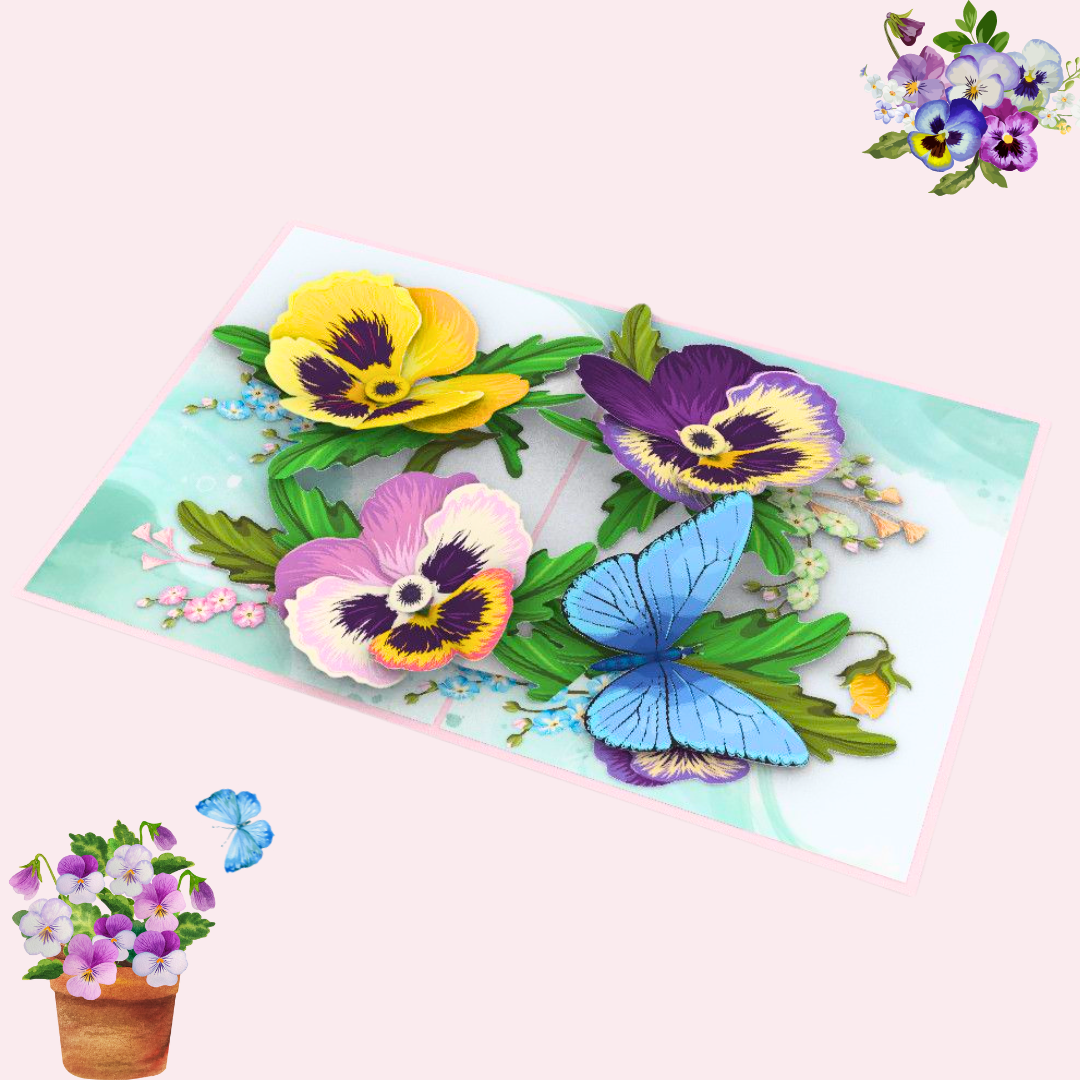 Pansy and butterfly pop up card, Mother's day 3D greeting card, Birthday, Get well soon